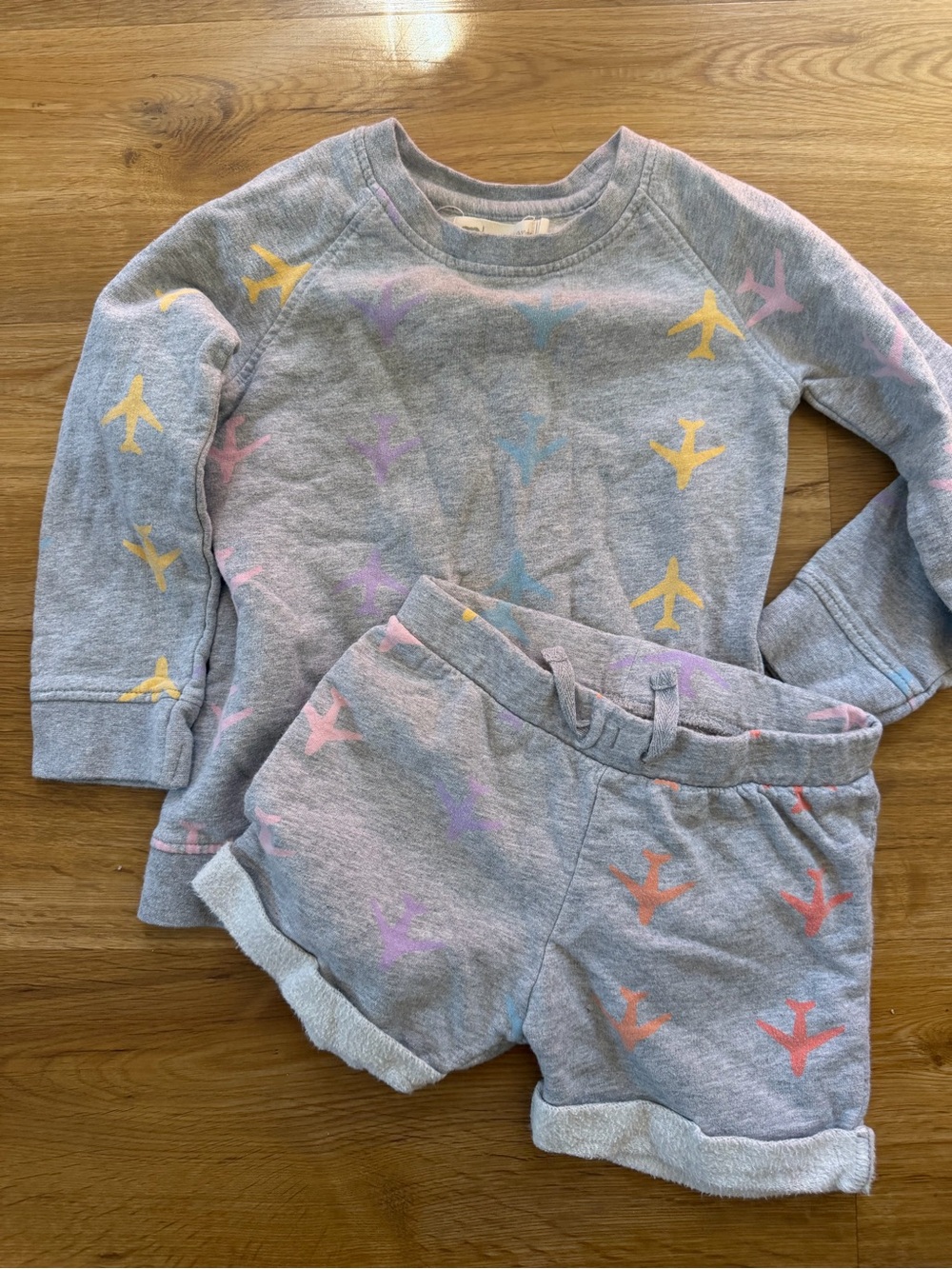 Kids Gray Airplane Print Pajama Set - Pastel Accent Colors